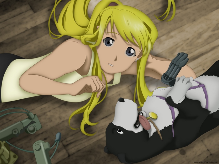 Winry Rockbell with a dog