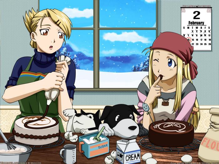 Winry Rockbell and Olivier Mira Armstrong from Fullmetal Alchemist baking