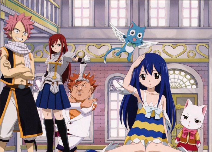 Charles from Fairy Tail with Natsu, Erza, Wendy, and Happy