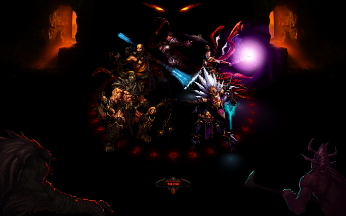 Diablo III Witch Doctor and other characters in dark fantasy setting