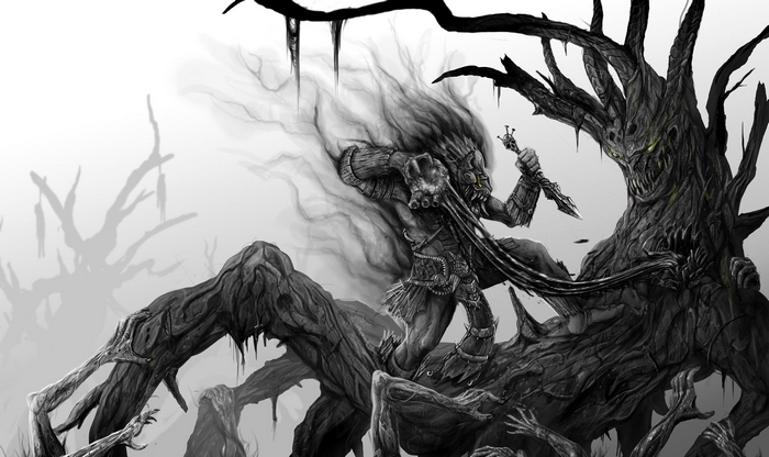 Witch Doctor from Diablo III fighting a tree monster