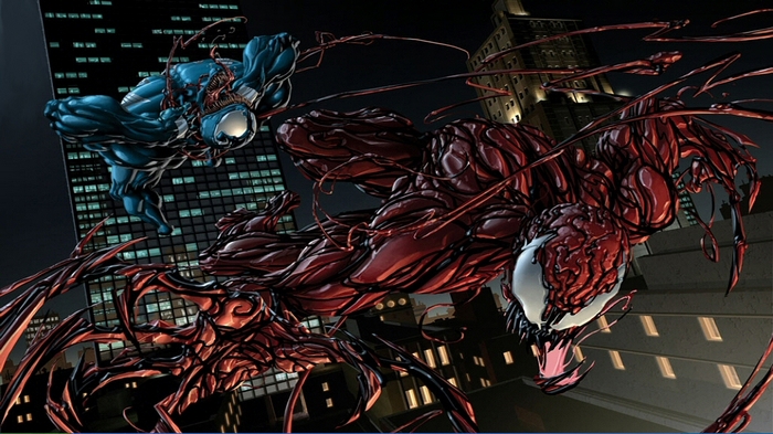 Venom and Carnage fighting in a city