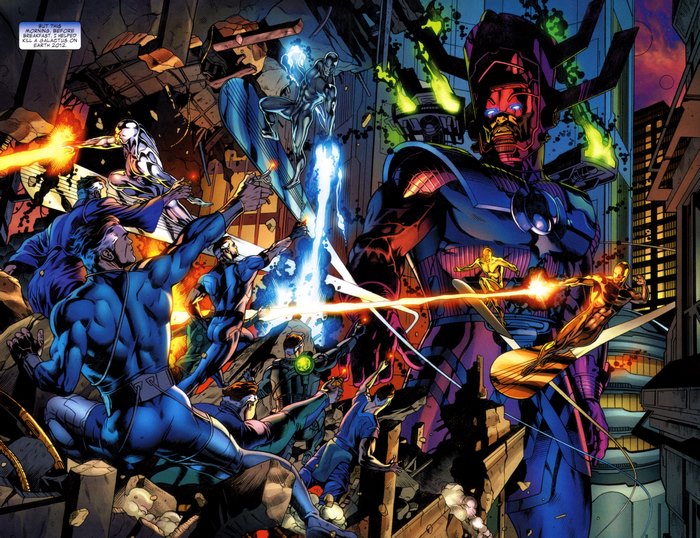 Galactus and Fantastic Four fighting in a city