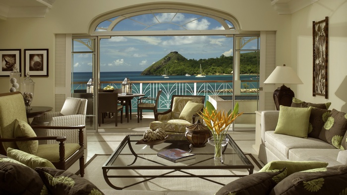 Living room with ocean view balcony