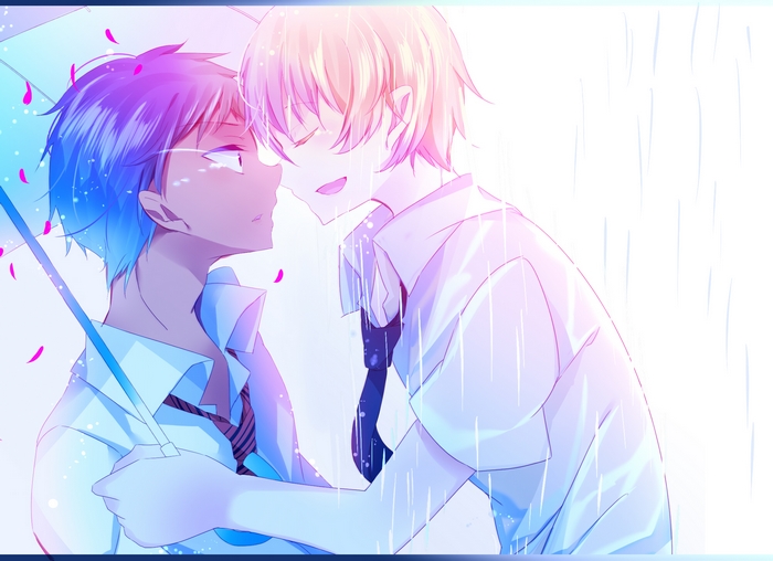 Two boys in school uniforms under an umbrella in the rain