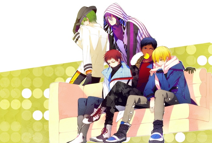 Five male anime characters sitting on a couch