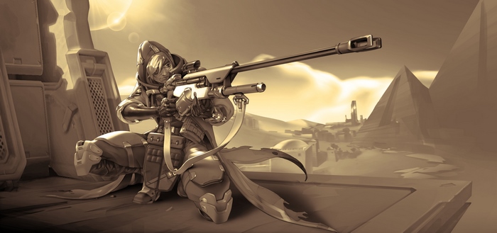 Ana from Overwatch with sniper rifle in desert