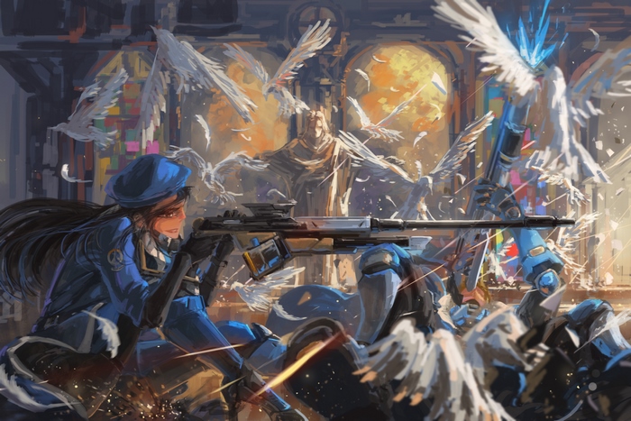Ana from Overwatch in a battle with doves