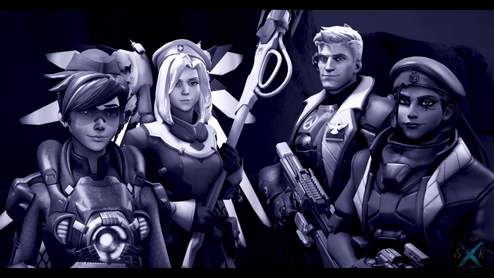 Tracer, Mercy, Reinhardt, and Ana from Overwatch