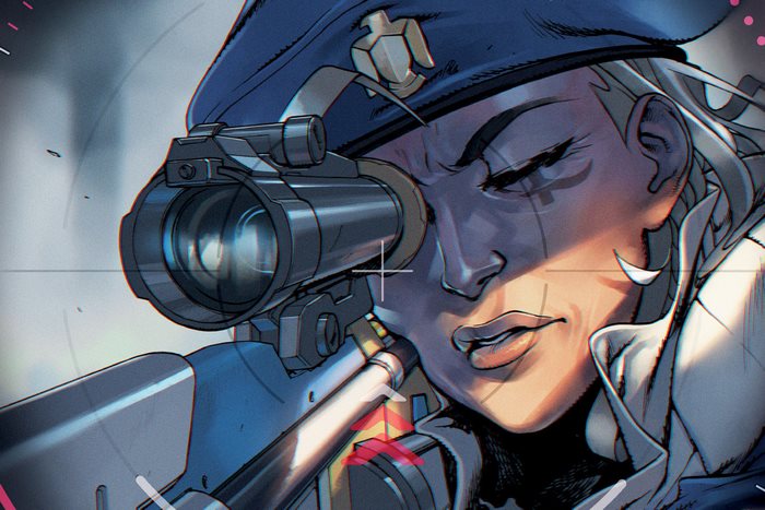 Ana from Overwatch aiming sniper rifle