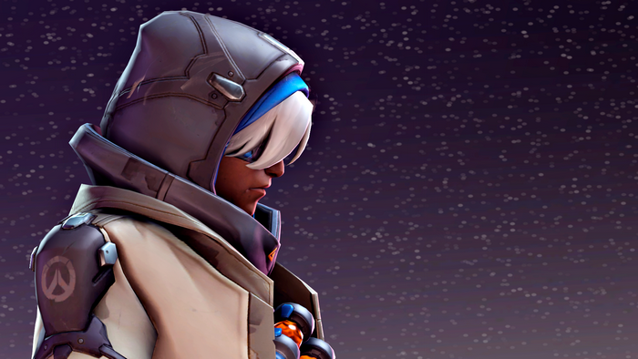 Ana from Overwatch in a hooded outfit