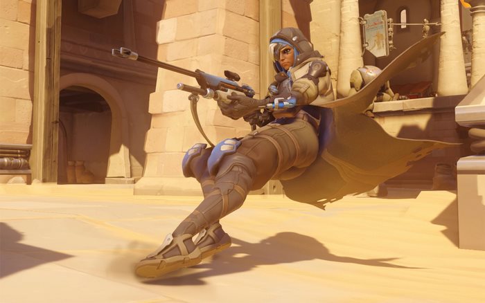 Ana from Overwatch holding a sniper rifle