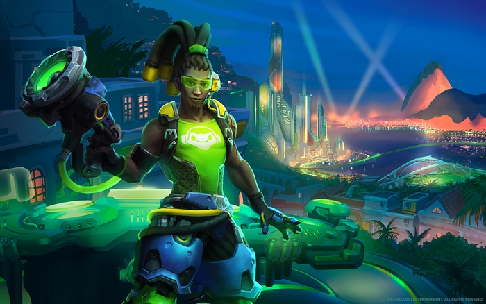 Lúcio from Overwatch in a futuristic city