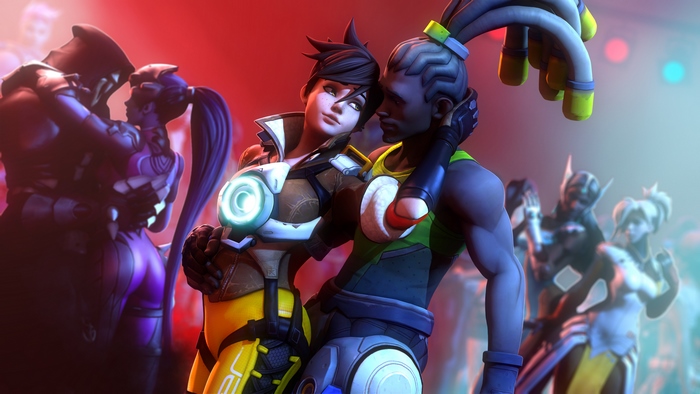 Tracer and Lúcio dancing in a club