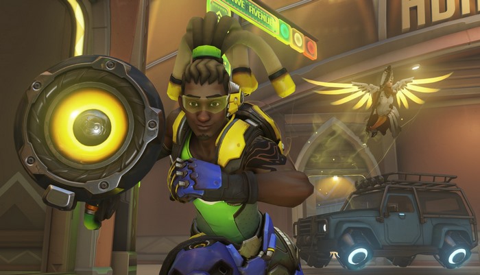 Lúcio from Overwatch with Mercy and a vehicle