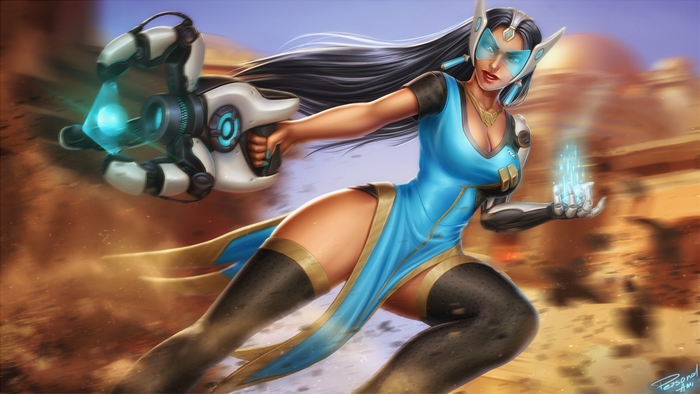 Symmetra from Overwatch in a desert setting