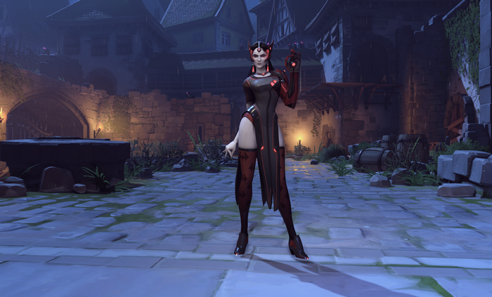 Symmetra from Overwatch in a medieval town