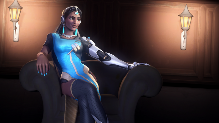 Symmetra from Overwatch sitting in a chair