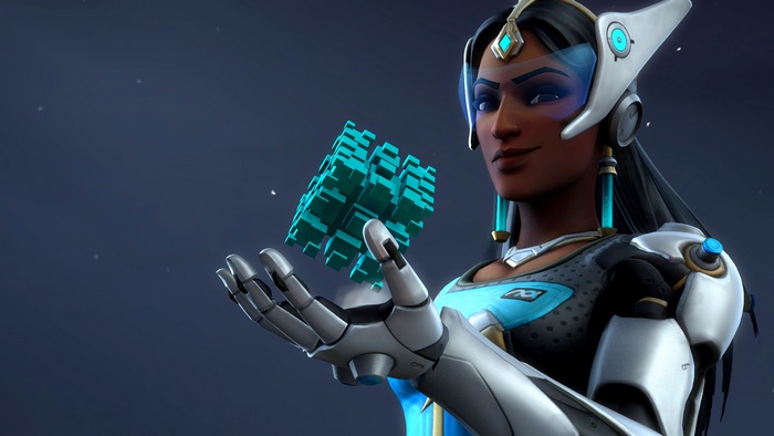 Symmetra from Overwatch holding a blue cube