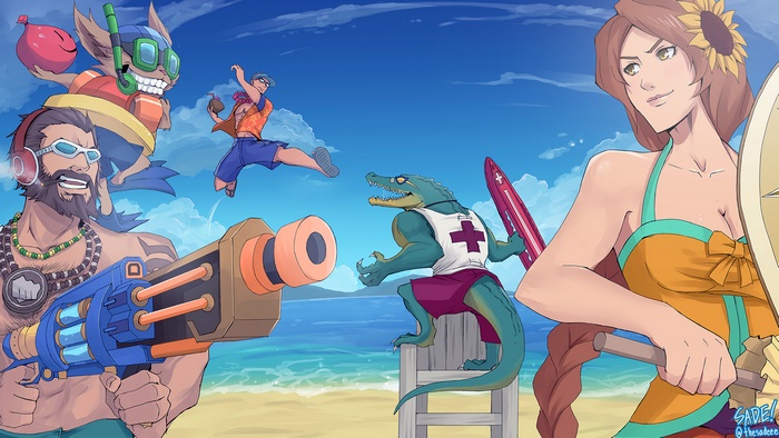 Characters from League of Legends at the beach