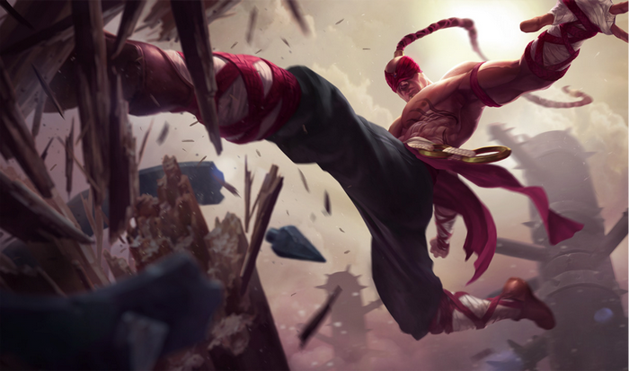 Lee Sin from League of Legends kicking through debris