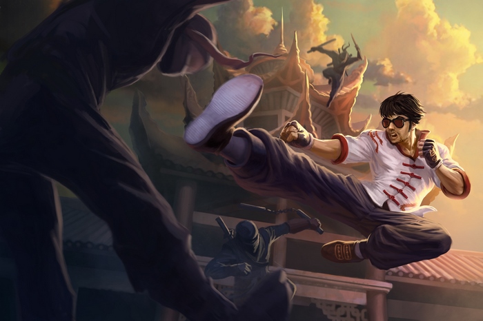 Lee Sin from League of Legends fighting ninjas