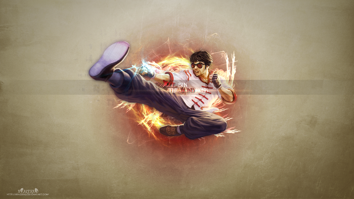 Lee Sin from League of Legends performing a kick