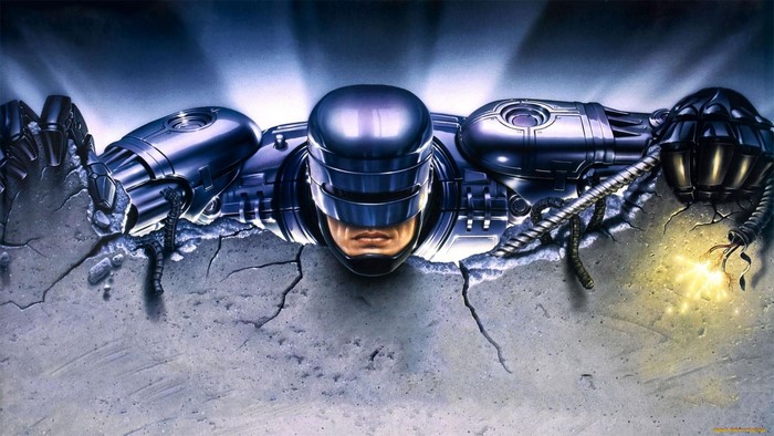 RoboCop breaking through a concrete wall