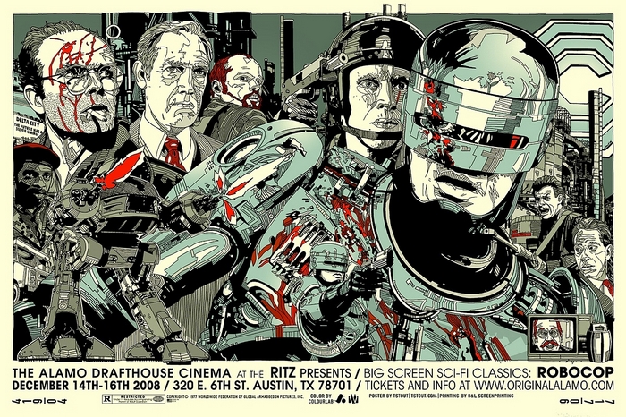 RoboCop movie poster with characters and robots