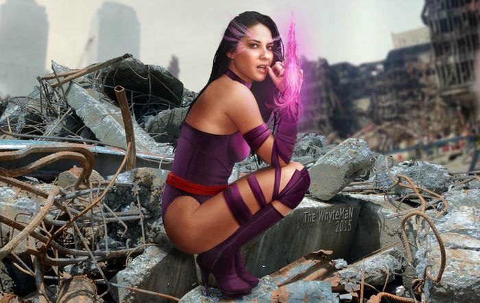 Psylocke from Marvel Comics in a ruined city