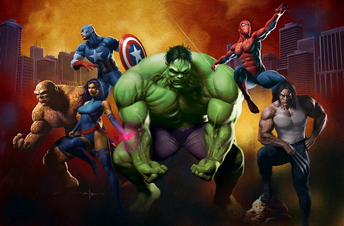 Marvel Comics characters including Psylocke, Hulk, Captain America, Spider-Man, Wolverine, and The Thing