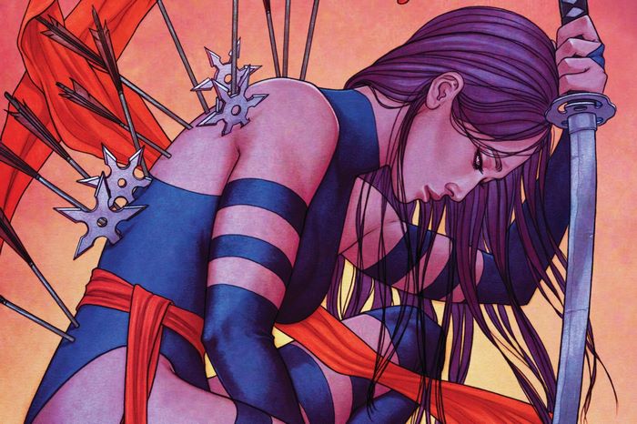 Psylocke from Marvel Comics with arrows and shurikens
