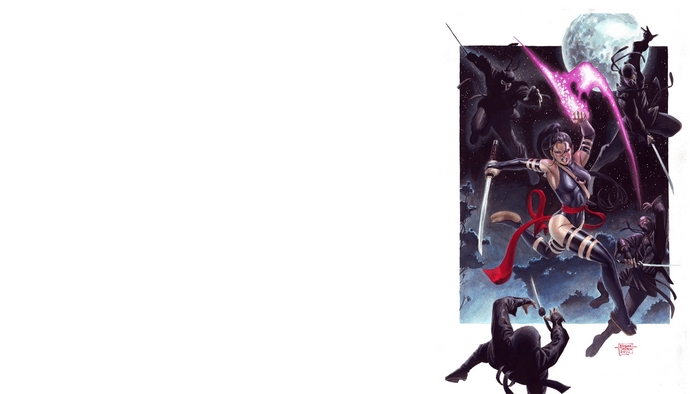 Psylocke from Marvel Comics fighting ninjas under the moon