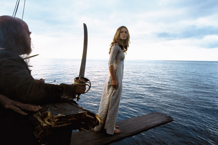 Elizabeth Swann on a plank over the ocean