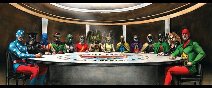 Justice Society of America gathered around a table