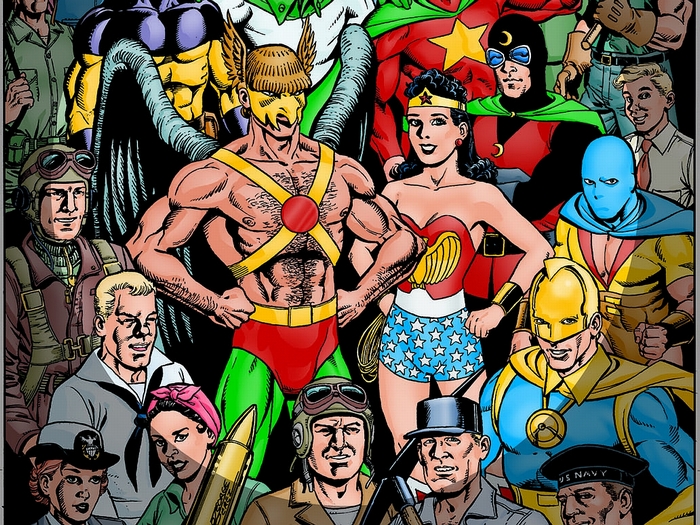 Justice Society of America characters including Hawkman and Wonder Woman