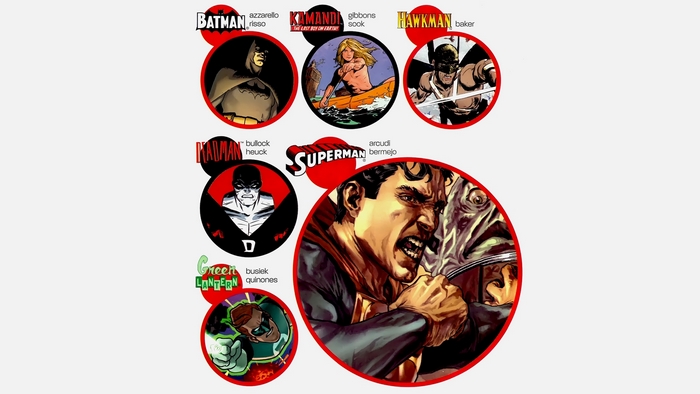 Batman, Kamandi, Hawkman, Superman, and Green Lantern characters