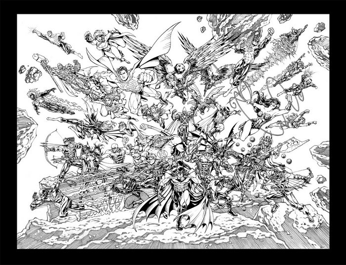 Justice League and Hawkman in battle