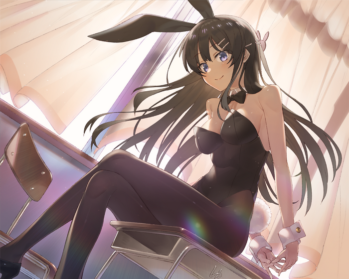 Mai Sakurajima in Black Bunny Outfit Sitting on Chair