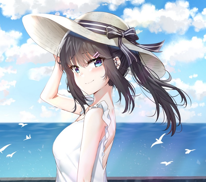 Mai Sakurajima by the Sea in White Dress and Sun Hat