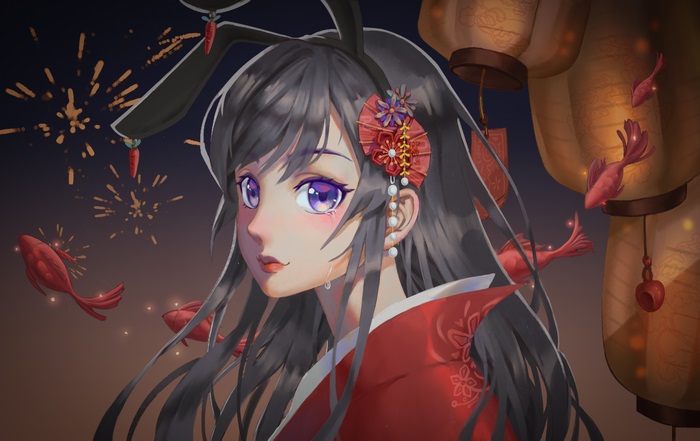 Mai Sakurajima with Lanterns and Fireworks
