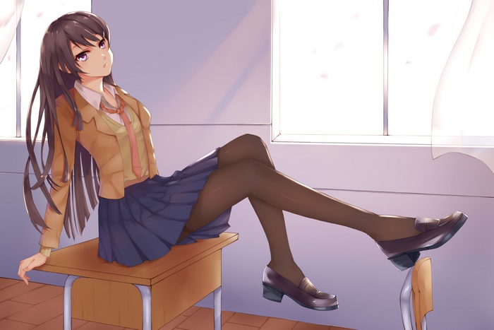 Mai Sakurajima sitting on a desk