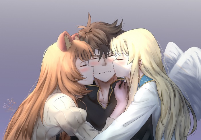 Raphtalia and Filo kiss Naofumi from The Rising of the Shield Hero