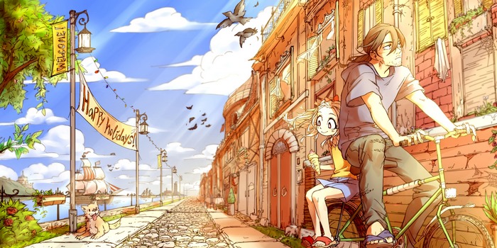 Shouta Aizawa and girl on bicycle in town