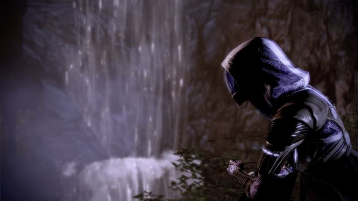 Tali Zorah from Mass Effect near a waterfall
