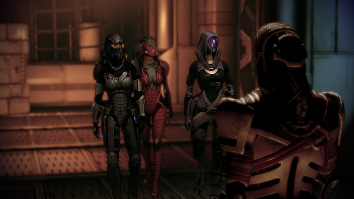 Mass Effect 2 characters in a corridor