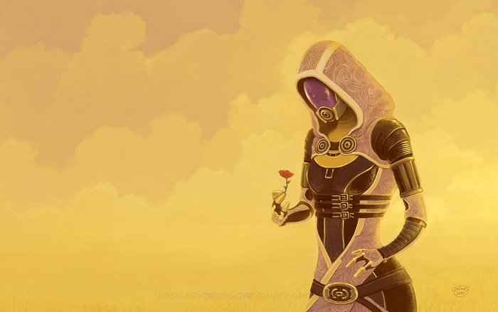 Tali Zorah from Mass Effect holding a red rose