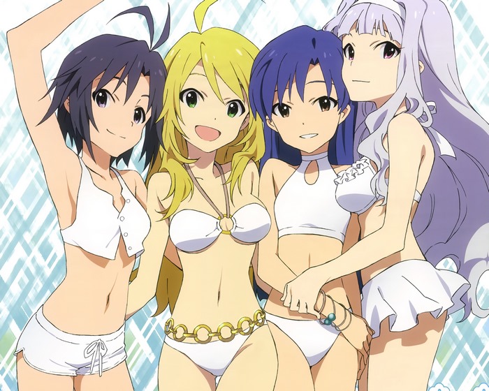 Four anime girls in swimsuits