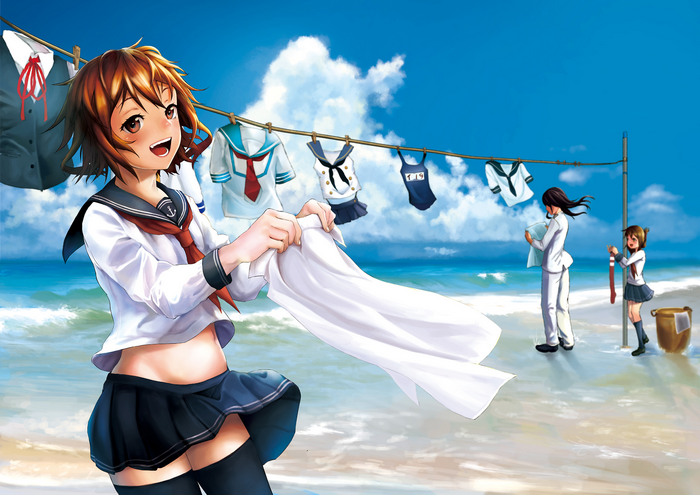 Girls in sailor uniforms drying laundry on a beach