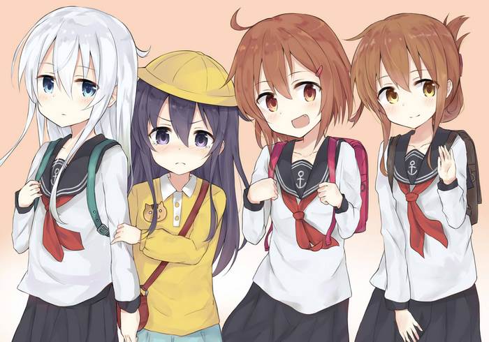 Four anime girls in school uniforms